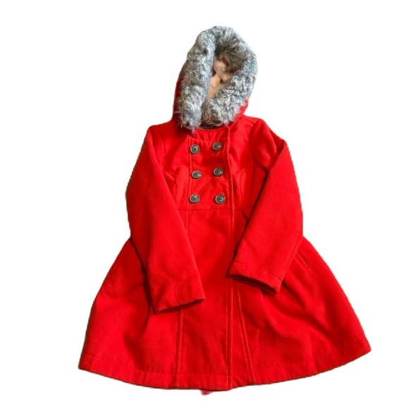 Cat & Jack Red Faux Fur Trim Hooded Pea Coat Small 6/6X Double Breasted